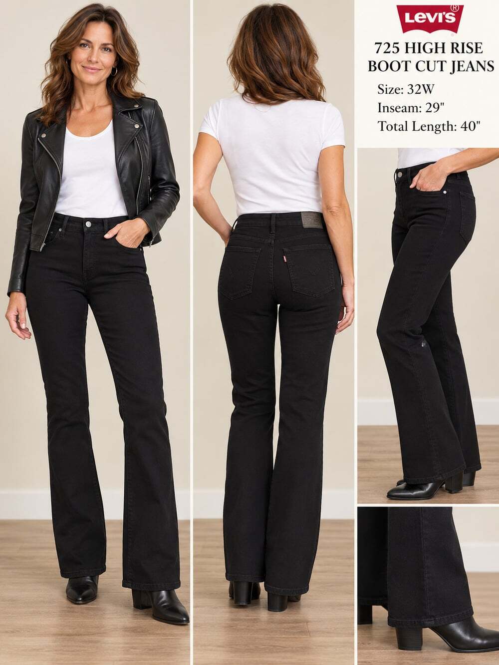 LEVIS 725 High Rise Black Boot Cut Jeans size 32 x 40 inches